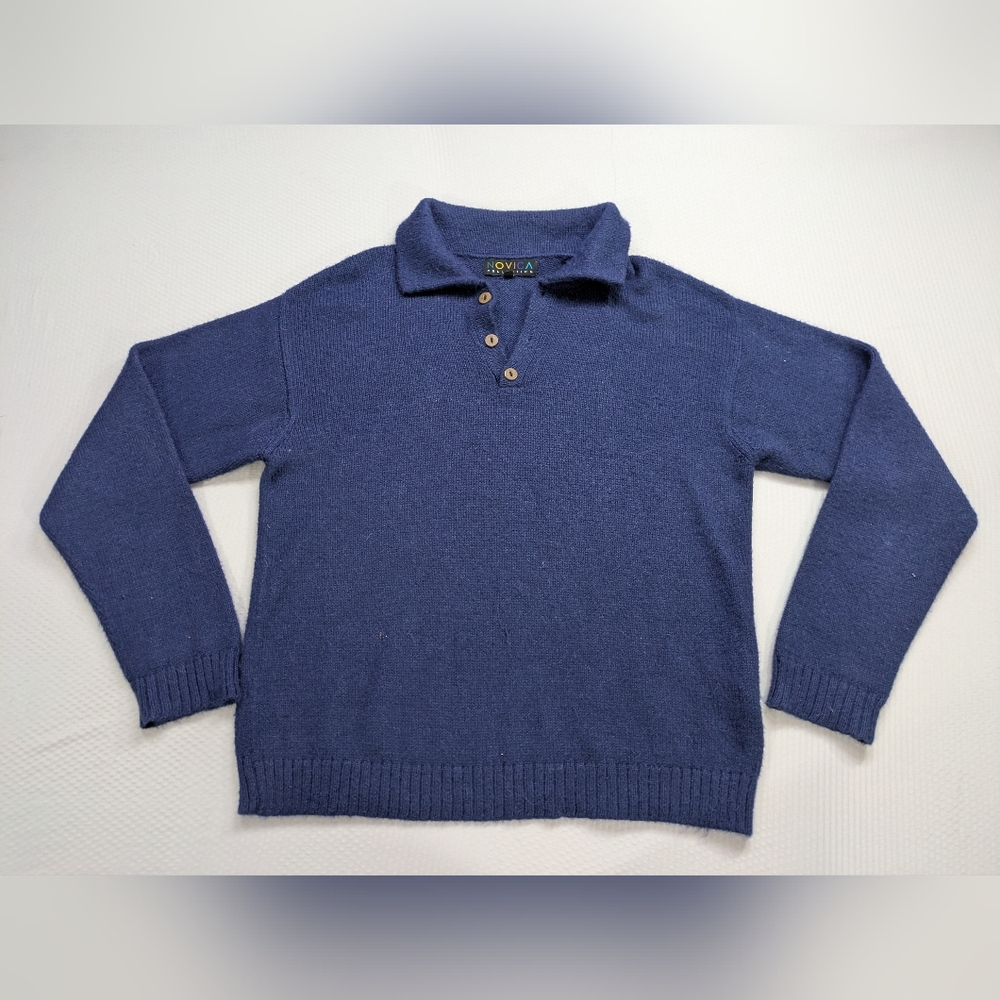Novica Alpaca Blend Polo Henley Sweater Mens M Navy Blue Made in Peru